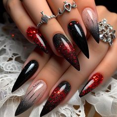 Fall Stiletto Nails Design 2024, Vampire Inspired Nails, Red Riding Hood Nails, Red Gothic Nails, Gothic Nail Art Dark, Gothic Nail Ideas, Glamgoth Nails, Dripping Nails, Cute Halloween Nail Designs