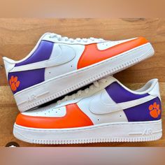 Custom Painted Clemson University Purple And Orange Af1s Brand New With Box *Please Allow 7-10 Days To Ship As This Is A Custom Order* Nike Air Force 1 Purple Lace-up For Sports, Purple Nike Air Force 1 Lace-up With Branded Insole, Casual Nike Air Force 1 In Purple, Purple Nike Air Force 1 For Sports, Nike Air Force 1 Purple With Round Toe, Purple Nike Air Force 1 Lace-up For Sports, Nike Air Force 1 Purple Low-top, Purple Low-top Nike Air Force 1, Casual Purple Nike Air Force 1 For Sports