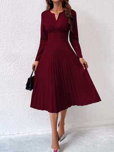 Burgundy Elegant Collar Long Sleeve Knitted Fabric Plain A Line Embellished Slight Stretch  Women Clothing Maroon Midi Dress Long Sleeve, Christmas Dresses For Teens Long, Prom Dresses For Teens Modest Red, Church Christmas Dresses, Chrismast Long Dress, A Line Dress Burgundy, Winter Professional Dresses Women, Church Dresses For Teenagers Elegant, Burgundy Dress Formal Long Sleeve