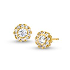 Perfect for any occasion, these diamond frame stud earrings are a stunning addition to your jewelry box. 14K gold Each post earring showcases a 1/5 ct. round diamond center stone Smaller diamonds line the halo frame 3/4 ct. t.w. of diamonds Friction backs Luxury Halo Diamond Earrings With Round Cut, Elegant Diamond White Cluster Earrings With Halo Setting, Elegant Diamond Cluster Earrings With Halo Detail, Dazzling Diamond Cluster Earrings With Halo, Elegant Diamond Cluster Earrings With Halo, Dazzling Diamond Halo Cluster Earrings, Classic 14k Yellow Gold Cluster Earrings, Elegant Round Cut Diamond Earrings With Halo Setting, Elegant Round Halo Design Cluster Earrings