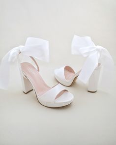 White Ankle Wrap Heels, Bridal Shoes With Bows, Pretty White Heels, Graduation Heels College, Cute Prom Shoes, Prom Shoes White, Wedding Heels For Bride, Bride High Heels, Hoco Heels