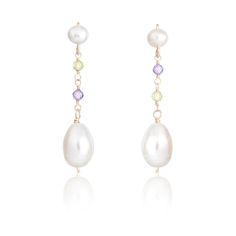 Elegant pearl drop earrings handcrafted in 14k gold-filled, peridot, purple zircon and lustrous Keshi pearls - suitable for all occasions. Discover elegance in every sway with our meticulously handcrafted long pearl drop earrings, formed from 14k gold filled wire. Anchored by a stud earring adorned with a baroque freshwater pearl, they cascade with a purple zircon and a peridot gemstone. The journey culminates in a captivatingly asymmetric large keshi pearl, drawing attention with its natural ir Elegant Dangle Birthstone Jewelry, Baroque Pearl Dangle Earrings Set, Elegant Long Drop Birthstone Jewelry, Elegant 14k Gold Filled Gemstone Jewelry, Dainty Baroque Pearl Dangle Jewelry, Long Drop Baroque Pearl Jewelry As Gift, Elegant 14k Gold Filled Briolette Earrings, Elegant Birthstone Drop Earrings, Pearl Drawing