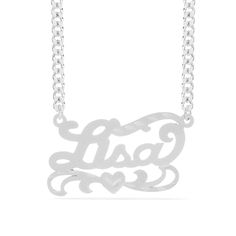 This Name Pendant with Diamond cut "Lisa" is available in either: Silver Plated Gold Plated Sterling Silver and 14K Gold over Sterling Silver. You can choose up to 10 characters (Letters only, NO numbers or special characters).Finished with diamond cuts. Monogrammed Cuff, Monogrammed Cufflinks, Leather Kits, Monogram Earrings, Character Letters, Necklace With Diamond, Monogram Bracelet, Swarovski Heart, Name Pendant