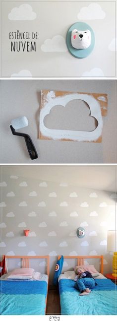 there are three different pictures with clouds on the wall and one has a toothbrush in it