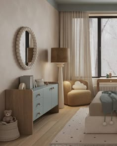 a baby's room with a crib, rocking chair, dresser and large window