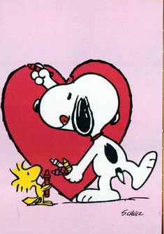 a painting of snoopy and his dog holding a heart