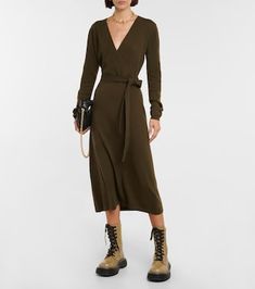 Wool and cashmere wrap dress in green - Jardin Des Orangers | Mytheresa Formal Fall V-neck Wrap Dress, Fitted Wool V-neck Dress, Formal V-neck Wrap Dress For Fall, Elegant Cashmere Dresses, Chic Fall V-neck Wrap Dress, Elegant Winter Cashmere Dress, Elegant Cashmere Dresses For Fall, Elegant V-neck Wrap Dress For Fall, Fitted Cashmere Dresses For Fall