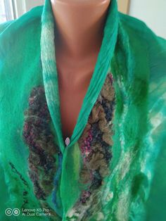 This is scarf is made from fine italian silk as a base, and fine merino wool. The method is wet felting - I use only soap and water. It is very easy to care about this scarf - only not wash in a washing machine. The size is about 175/ 75 cm. Handmade Silk Shawl, Green One Size Scarf As A Gift, Green One-size Scarf As Gift, Green Handmade Shawl As Gift, Handmade Green Shawl For Gift, Handmade Artful Silk Scarves, Artistic Handmade Shawl Scarf, Green Shawl Scarf As A Gift, Green Shawl Scarf As Gift