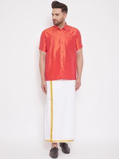 mens red and white silk blend shirt and mundu set Half Shirts For Men, Formal Pants For Men, Formal Pant For Men, Shirts For Mens, Mens Half Sleeve, Smart Casual Work, Stylish Shirts Men, Work Formal, Half Shirts