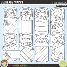 the bedding stamps are designed to look like children sleeping in their beds, and they have