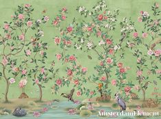 a painting of birds and flowers on a green background with water in the foreground