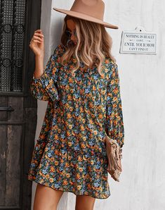 Women's Boho Dress Floral Print V-Neck Long Sleeve Mini Bohemian Holidday Travel Dresses Bohemian Split Neck Day Dress, Fall Floral Print V-neck Boho Dress, Fall Boho V-neck Dress With Floral Print, Fall Boho Floral Print V-neck Dress, Fall Vacation Dress With Split Neck, Multicolor V-neck Boho Dress For Fall, Bohemian Mini Dress With Split Neck For Spring, Fall Vacation Printed Boho Dress, Bohemian V-neck Boho Dress For Daywear