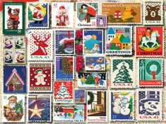 a quilted christmas postcard with lots of postage stamps on it's side