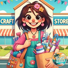 a cartoon girl holding shopping bags in front of a store with the words craft shop on it