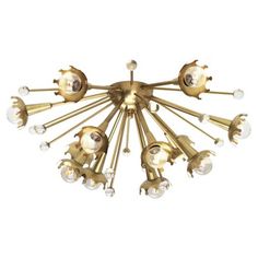 a chandelier with many lights hanging from it's sides and glass balls in the middle