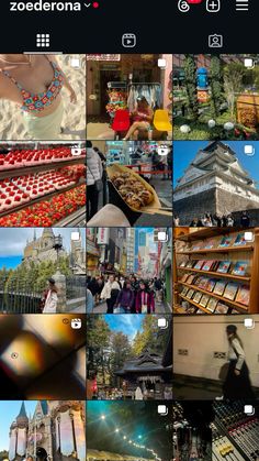 the collage shows many different pictures and people walking around in front of some buildings