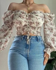 Lasaky - Floral Print Drawstring Off Shoulder Cropped Top Young Women Outfits, Lingerie Design, Blouse Size Chart, Floral Print Crop Top, Outfits Rave, Off Shoulder Crop Top, Boho Chic Outfits, Blouse Material, Cropped Tops