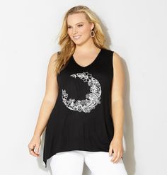 Find a zen new tank in sizes 14-32 like the plus size Puffy Crescent Sharkbite Tank available online at avenue.com. Avenue Store New Tank, Moon Print, Fashion Over 40, Crescent