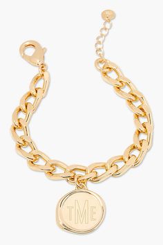 Please note that all sales are final. The Brook & York Custom Monogram Coin Charm Bracelet is personalized with your own monogram in gleaming gold for a unique way to show off your style. Make an unforgettable statement that is entirely yours! Important Customization Information: A brook & york representative will reach out via email to confirm desired customization after purchase. Production time of your piece does not start until after your customization has been received. Your order will be cancelled if your customization is not confirmed within 1 week from purchase. brook & york- We're a company run by women and we design for women just like us: ambitious, stylish, passionate and creative. These philosophies are at the heart of everything we do. We design jewelry for modern life that t Gold-tone Formal Bracelets With Logo Charm, Formal Gold-tone Bracelets With Logo Charm, Gold Bracelets With Logo Charm For Formal Occasions, Formal Gold Bracelets With Logo Charm, Gold-tone Chain Bracelet With Logo Charm As Gift, Classic Gold Bracelet With Logo Charm, Gold-tone Bracelet With Logo Charm As Gift, Gold Chain Bracelet With Logo Charm As Gift, Modern Gold Jewelry With Logo Charm