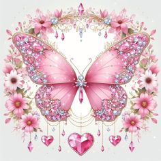 a pink butterfly with jewels and flowers around it's wings is surrounded by hearts