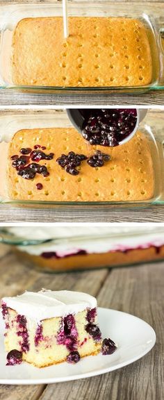 blueberry cheesecake being drizzled with icing and served on a plate