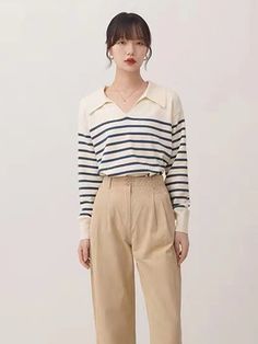 This is perfect for those who are looking for a clothing for a good price. It is fashionable, stylish, and it will look great on anyone who wears it. Do you wanahavit? Beige Long Sleeve Tops With Striped Collar, Casual Sweater With Striped Collar For Work, Casual Sweater For Work With Striped Collar, Casual Workwear Sweater With Striped Collar, Loose Jumper, Women Sweater, Blue Sweater, Sweater Pullover, Office Ladies