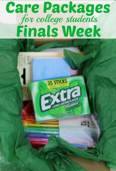 a bag full of school supplies with the title care packages for college students final week