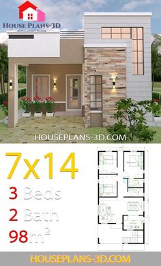 two story house plan with 3 beds and 2 bathrooms in the front, one bedroom on the