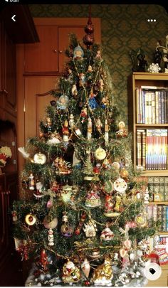 a christmas tree with ornaments on it in front of a bookshelf filled with books