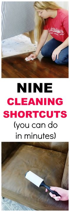 a woman is cleaning the floor with a hair dryer on it and text overlay reads nine cleaning shortcuts you can do in minutes