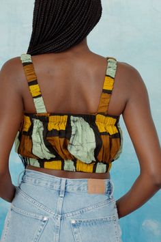 Osei Duro, Summer Crop Top, Background Gold, Indigo Fabric, Brown And Green, Summer Crop Tops, Kids Outerwear, Print Placement, Yellow Fabric