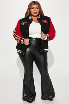 Available In Black/Red. Rib Contrast Pockets Snap Button Front Lined Wool Front, Back, And Sleeve Applique Oversized Fit Disclaimer : Embroidery Placement Will Vary Self: 93% Polyester 5% Rayon 2% Elastane Lining: 100% Polyester Imported | 49ers Letterman Jacket in Black/Red size Large by Fashion Nova Embroidery Placement, Letterman Jacket, Red Fashion, Snap Button, Oversized Fits, Black Red, Fashion Nova, Leather Pants, Black And Red