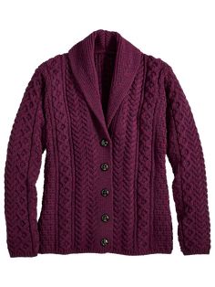 You won't ever want to leave the house without our toasty and sumptuous cable-knit Merino cardigan. Nothing keeps you warm like wool, and you'll take this Irish-made cardigan with you everywhere. It features a chunky knit in a variety of softly heathered hues, a versatile shawl collar you can turn up when you feel a chill hit your neck, and leather shank buttons that add a classic, elevated touch. Casual enough to work with jeans, this sweater can also be dressed up for any occasion. Hearty cabl Cardigan Collection, Pink Closet, Vermont Country Store, Shawl Collar Cardigan, Zippered Cardigan, Merino Wool Cardigan, Collar Cardigan, Country Store, Wool Shawl