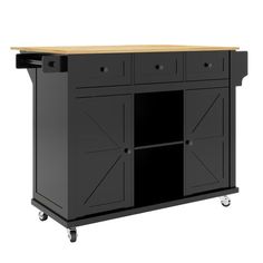 a black kitchen island with two doors and three drawers on casteors, in front of a white background