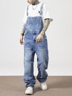 Men's Casual Vintage Washed Denim Bib And Brace Overalls Medium Wash Casual  Sleeveless Denim Plain Overall Non-Stretch  Men Clothing, size features are:Bust: ,Length: ,Sleeve Length: Bib And Brace Overalls, Street Style Summer Outfits, Casual Denim Shorts, Fitted Denim Jacket, Long Sleeve Denim Jacket, Salopette Jeans, Jeans Casual, Street Style Summer, Denim Jacket Men