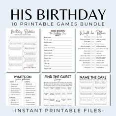 the printable birthday games bundle for kids is shown with text that reads,'his birthday