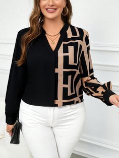 Plus Size Women's Fall Women Clothes  Geometric Print V-Neck Long Sleeve Elegant Office Blouse Black Casual  Long Sleeve Woven Fabric Colorblock,Geometric,Textured Pattern Top Non-Stretch  Women Plus Clothing, size features are:Bust: ,Length: ,Sleeve Length: Plus Zise, Office Blouse, Sports Jackets Women, Grey Colour Suit, Elegant Office, Women Clothes, Work Blouse, Blouse Black, Plus Size Blouses