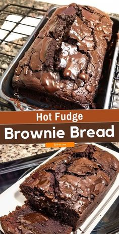 hot fudge brownie bread on a cooling rack with the words hot fudge above it