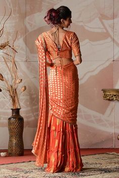 Rust orange banarasi georgette pre-draped sharara saree with circular motifs embroidery. Comes with a banarasi brocade blouse with cutdana hand work. - Aza Fashions Fitted Bollywood Style Pre-draped Saree For Festive Occasions, Traditional Fitted Pre-draped Saree For Navratri, Festive Draped Silk Sets, Fitted Art Silk Pre-draped Saree With Zari Work, Fitted Pre-draped Art Silk Saree With Zari Work, Festive Draped Semi-stitched Choli, Traditional Fitted Pre-draped Saree For Diwali, Silk Bollywood Draped Sharara, Fitted Art Silk Traditional Wear With Drape