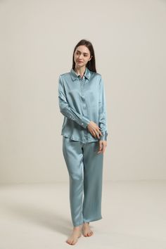 100% Mulberry Silk Breathable & Lightweight Lightweight & Comfortable Type: Silk Shirt Pajamas SetMaterial: 19Momme Charmeuse Silk. Features: Satin, wear-resistant and stylish.Details: Silk Pullover Pajama Set, We've turned the classic pajama set into a 90s-inspired silk sleepwear set embodying on-trend minimalism and neutral aesthetic. Blue Silk Pajamas, Blue Satin Pajamas, Korean Silk Pajamas, Silk V-neck Sleepwear For Bedtime, Blue Silk Button-up Shirt, Silk Loungewear, How To Wash Silk, Silk Nightgown, Classic Pajamas