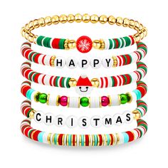 PRICES MAY VARY. Happy Christmas Bracelets: You will receive a set of 6 Christmas bracelets with snowflakes, Santa Claus patterns, and "HAPPY", "CHRISTMAS" beads. Classic Christmas colors, red, white and green, bring these Christmas bead bracelets, perfect for the Christmas atmosphere! Size & High Quality: Christmas preppy bracelets made of decent quality beads, crystal beads and Soft pottery chip, lead free, nickle free, lightweight comfort and durable for all season wear. The Christmas beaded Preppy Xmas Bracelets, Christmas Bead Bracelet Ideas, Christmas Clay Bracelets, Christmas Bead Bracelets, Christmas Friendship Bracelets, Christmas Clay Bead Bracelets, Christmas Beaded Jewelry, Christmas Bracelet Ideas, Valentines Day Accessories