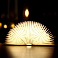 an open book sitting on top of a table in front of a light bulb that is turned upside down