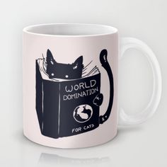 a coffee mug with a black cat reading a book and the words world domination for cats on it