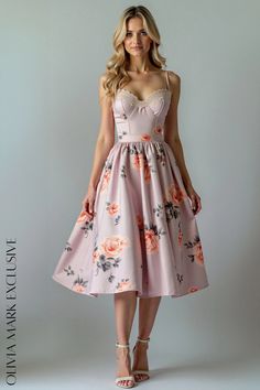 Olivia Mark - Elegant Rose Garden Midi Dress - Pastel Pink with Peach and Gray Floral Dress Pastel, Blush And Grey, Grey Floral, Rose Garden, Flared Skirt, Olivia Mark, Flare Skirt, Party Dresses, Pastel Pink