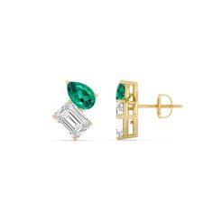 An excellent pair for everyday or special occasion wear, these earrings provide the perfect amount of sparkle to match your modern style. The stud earrings feature a Created Emerald pear and an emerald-cut diamond sitting side by side on pronged baskets. Expect these studs with screw-back closure to infuse a hint of geometric glamour into any ensemble. Pear Emerald Earrings, Sitting Side By Side, Emerald Diamond Earrings, Pear Earrings, Art Jewelry Design, Gorgeous Engagement Ring, Diamond Stud Earrings, Emerald Earrings, Emerald Gemstone