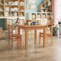 a child's wooden table and chairs in a playroom with toys on the floor