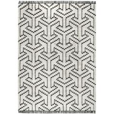 a black and white rug with fringes on the bottom, in an abstract pattern