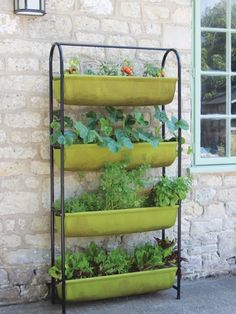 a metal rack with plants growing in it on the side of a brick wall next to a window