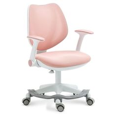 a pink office chair with wheels and casteors on an isolated white background, front view