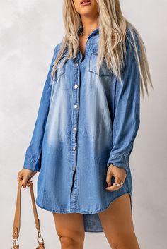 Sky Blue Flap Pockets Snap Button Denim Mini Dress Mini Dresses For Women, Denim Shirt Dress, Chambray Dress, Denim Mini Dress, Denim Mini, Mini Dresses, Dress For Women, Women Dresses, Denim Shirt